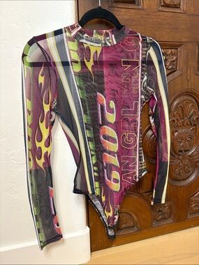 New Girl Order Graphic Mesh Bodysuit in Purple, Green & Black